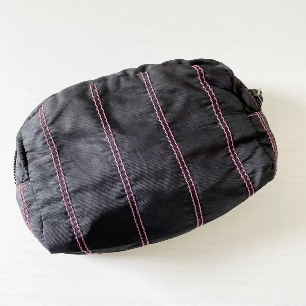 Prada black nylon pink stitching triangle logo medium zip pouch